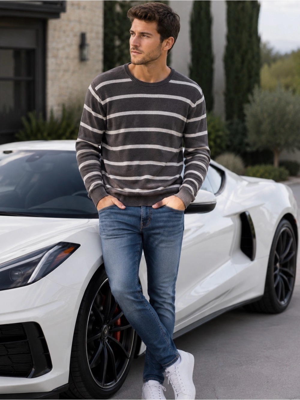 Sonoma life + style brown/tan striped crewneck long sleeve sweater